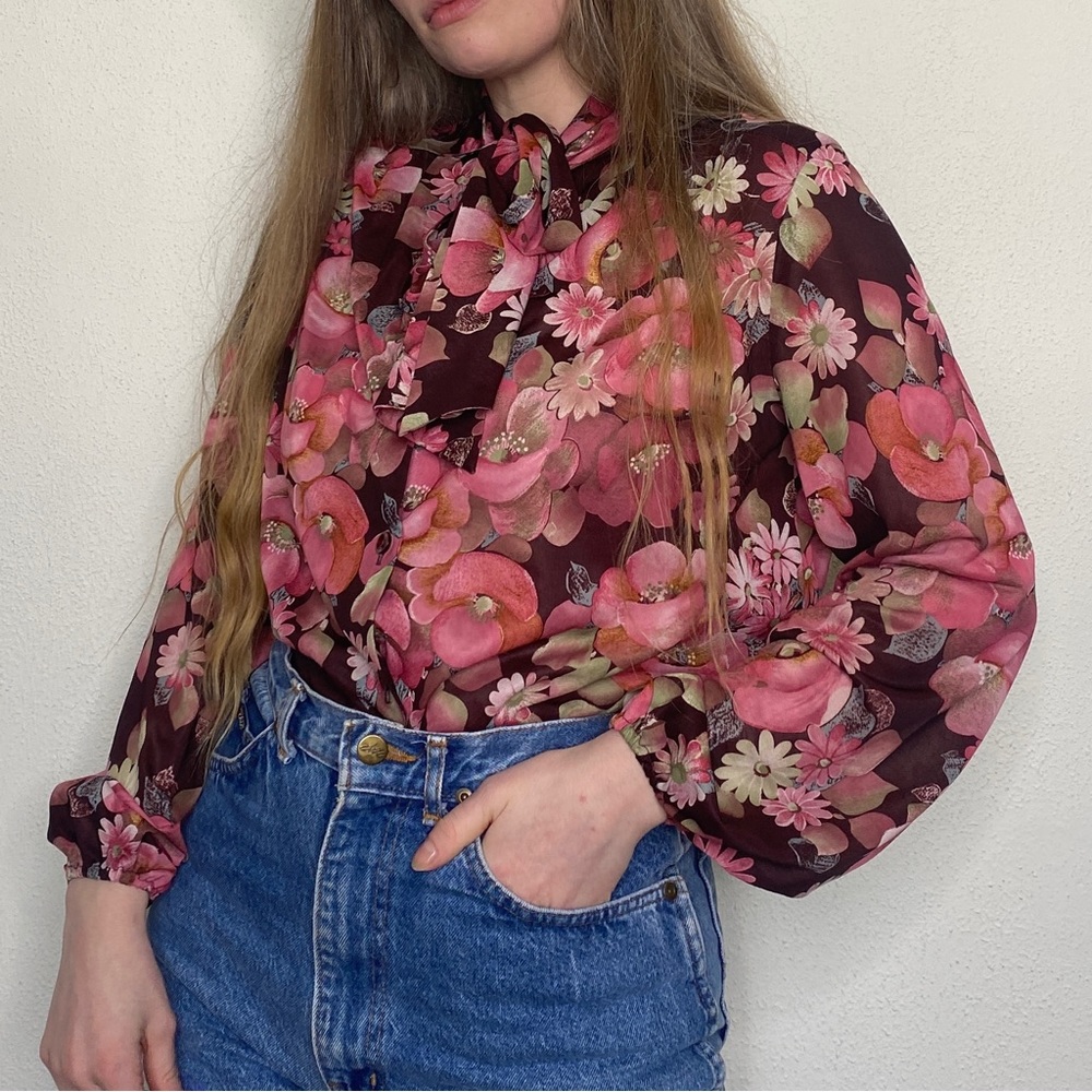 Vintage 1970s John Abbott Floral Bow Blouse